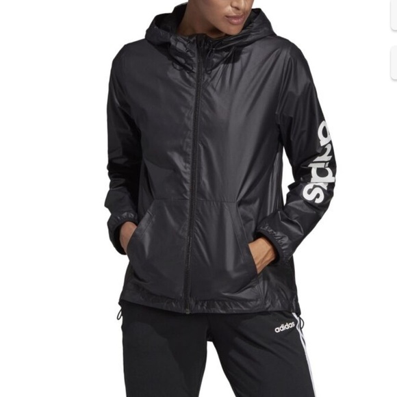 Adidas Essentials Linear Track Windbreaker Jacket Hood Black/White Lined Small - Picture 2 of 12